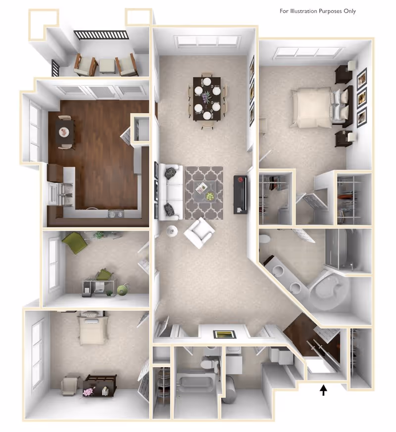 3D rendered floor plan of an apartment showing a central living room, adjacent dining area and kitchen, bedrooms, bathrooms, and closets.