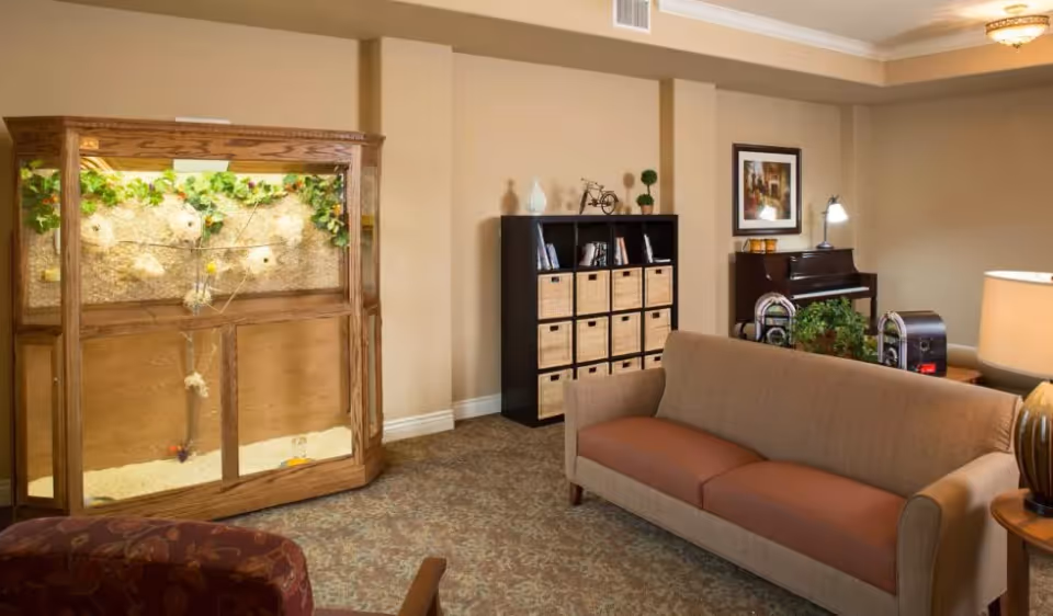 A cozy living room area with a beige couch, a wooden display case with plants and decorations, a black shelving unit with baskets and books, a piano with a lamp and framed artwork above it, and a patterned carpeted floor.