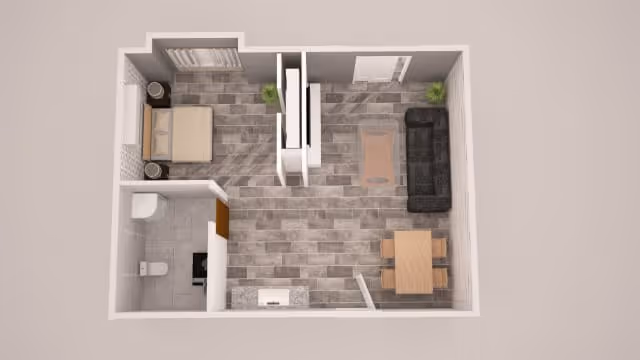 3D floor plan of a small apartment unit featuring a bedroom with a bed and two nightstands, a bathroom with a toilet and sink, and an open living area with a sofa, coffee table, dining table with four chairs, and some plants.