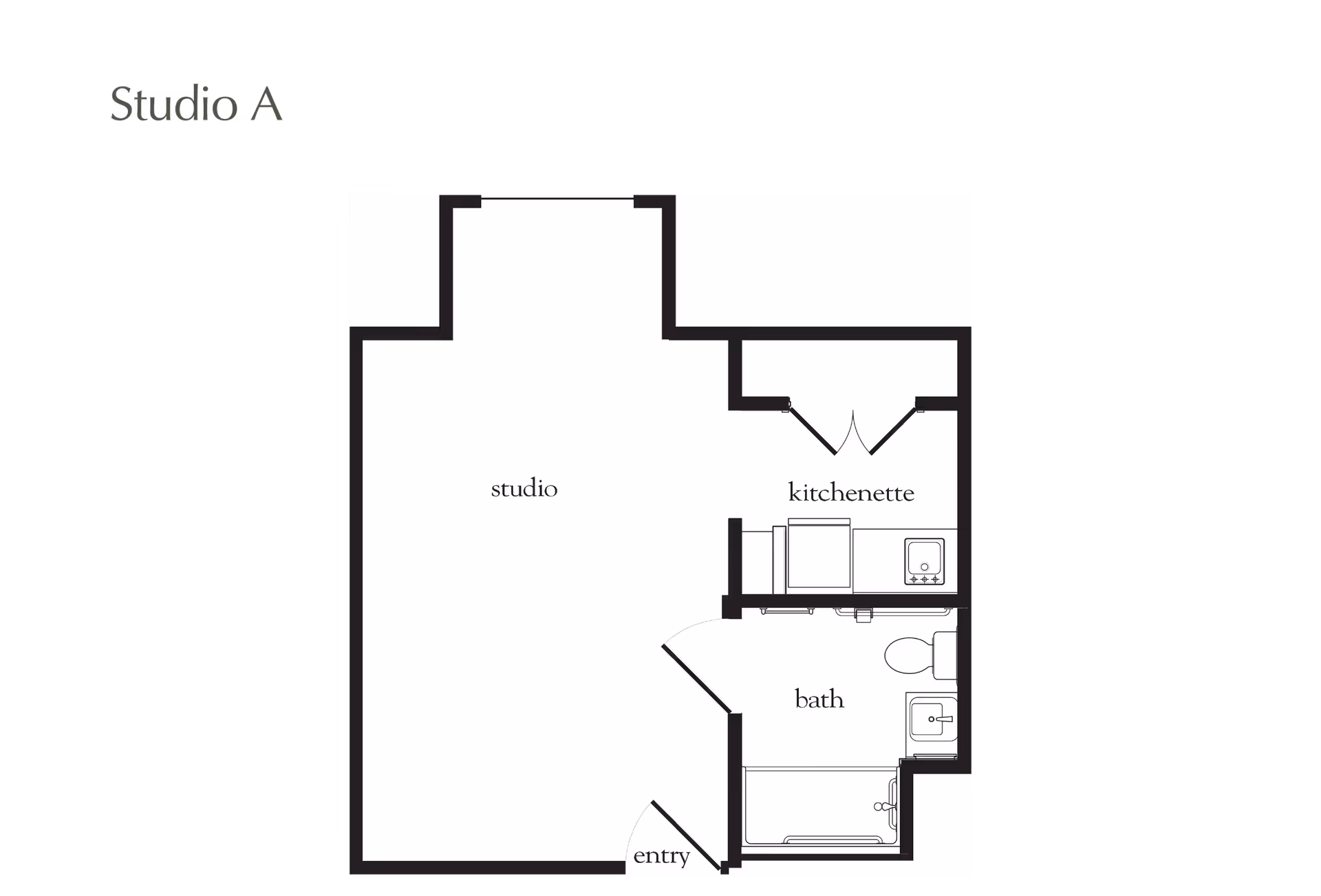 Floor plan of Studio A at Atria East Northport showing a studio area, kitchenette, bathroom, and entry.