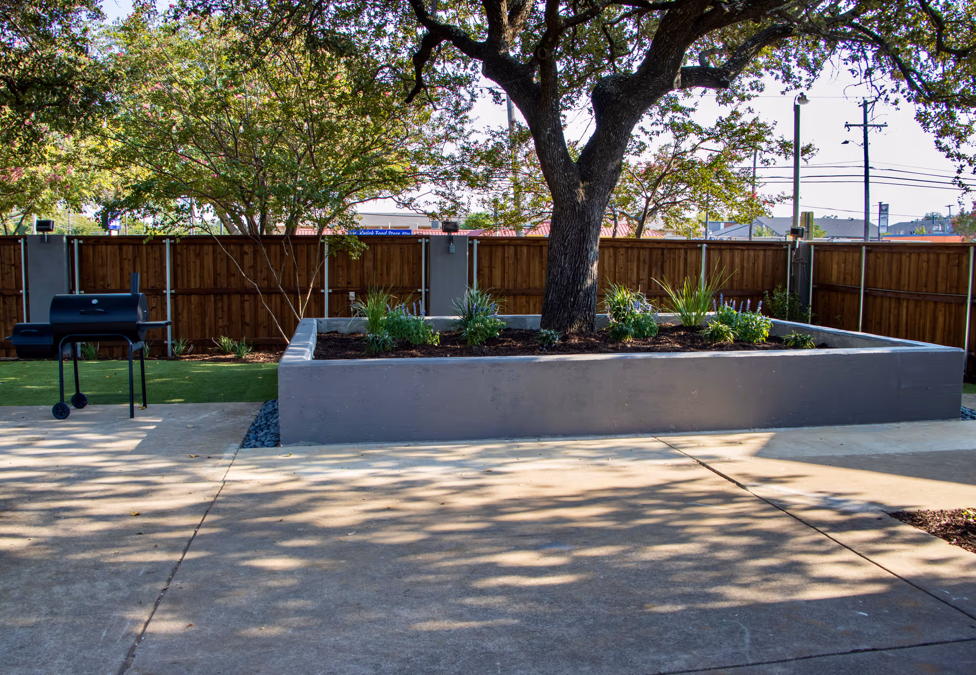 Outdoor area with a large tree planted in a raised concrete planter surrounded by small plants. There is a black grill on wheels to the left, a wooden fence in the background, and shadows of tree branches on the concrete ground.