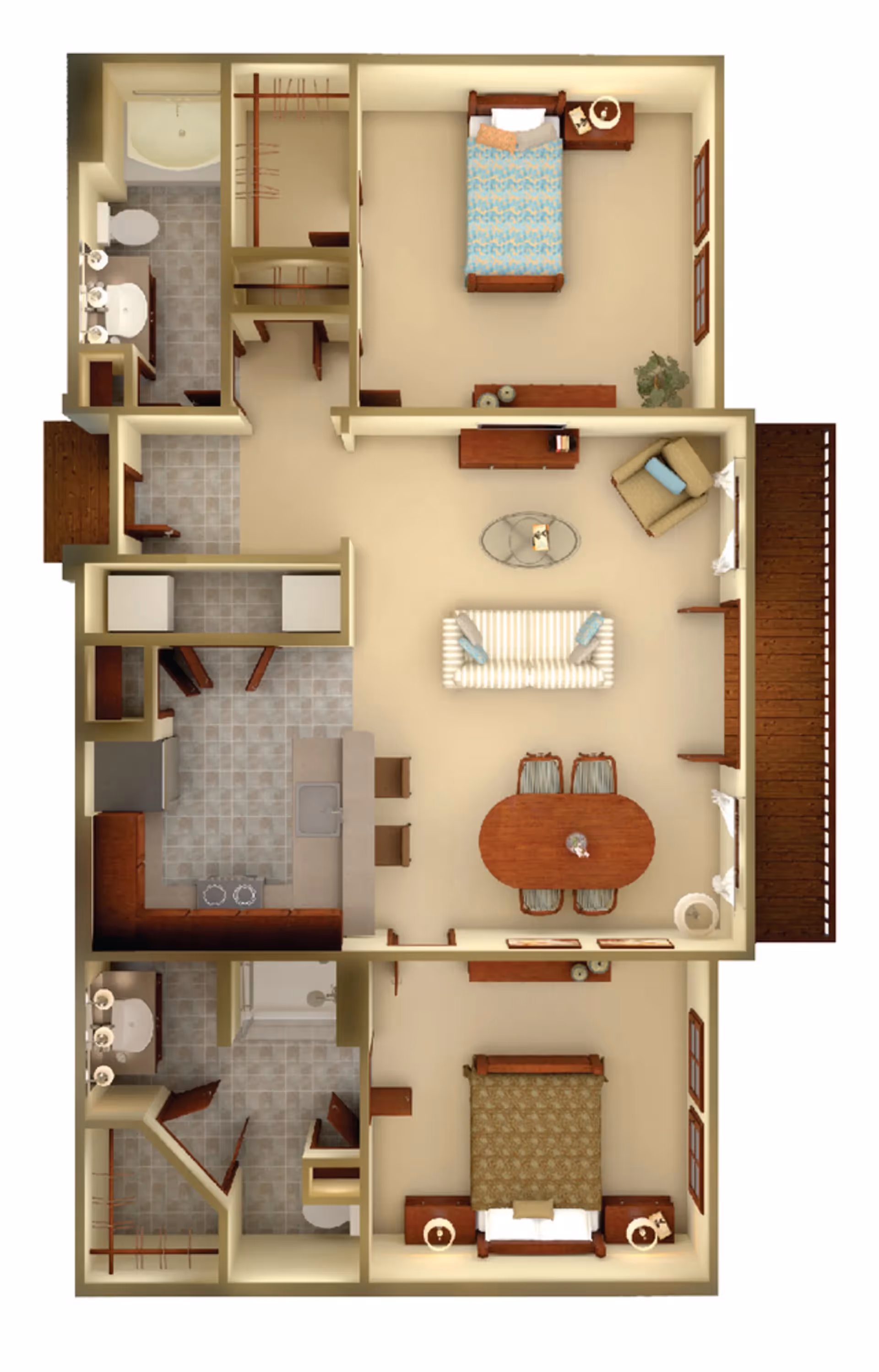 3D floor plan of a senior living apartment at Lakeview at Josey Ranch Senior Living, featuring two bedrooms, two bathrooms, a kitchen with a breakfast bar, a dining area with a table and four chairs, a living room with a sofa and armchair, and a balcony or patio area.