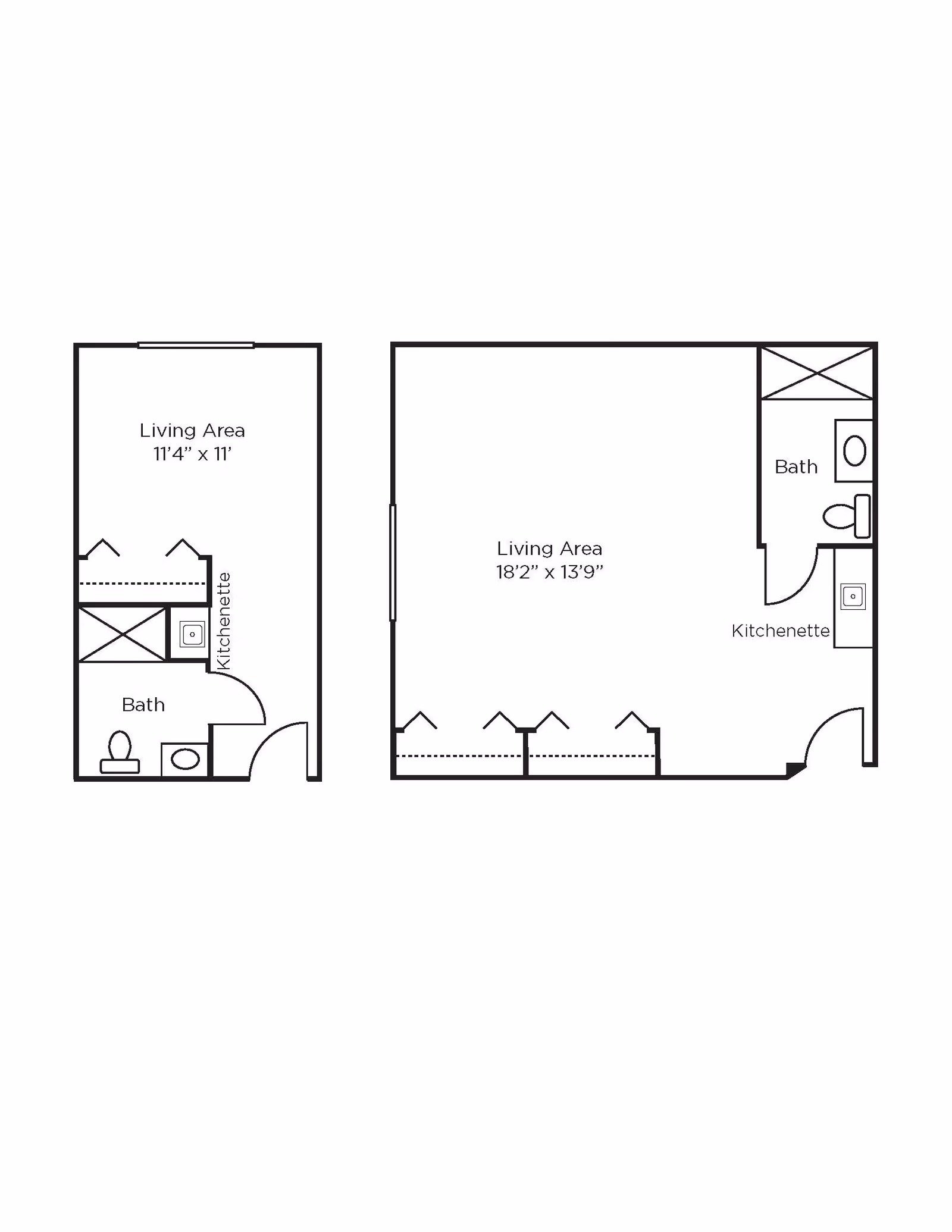 Floor plan showing two studio apartment layouts at Brookdale Battle Creek, each with a living area, kitchenette, and bathroom. The left layout has a living area measuring 11 feet 4 inches by 11 feet, and the right layout has a living area measuring 18 feet 2 inches by 13 feet 9 inches.