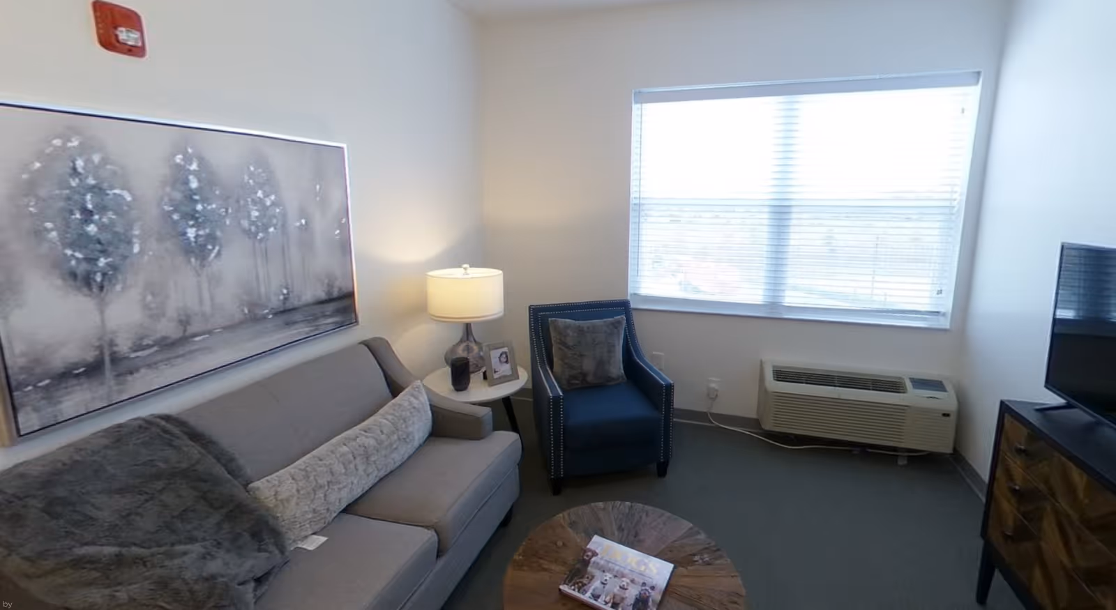 A small living room with a gray sofa adorned with a long textured pillow and a dark throw blanket, a blue armchair with a decorative pillow, a round wooden coffee table with a magazine on it, a side table with a lamp and a framed photo, a large window with blinds, a wall-mounted air conditioning unit below the window, a flat-screen TV on a wooden dresser, and a large abstract painting of trees on the wall.