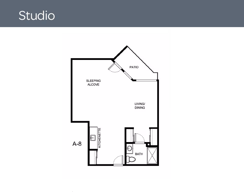 Black-and-white floor plan of a studio apartment showing a sleeping alcove, living/dining area, kitchenette, bath, and a patio.