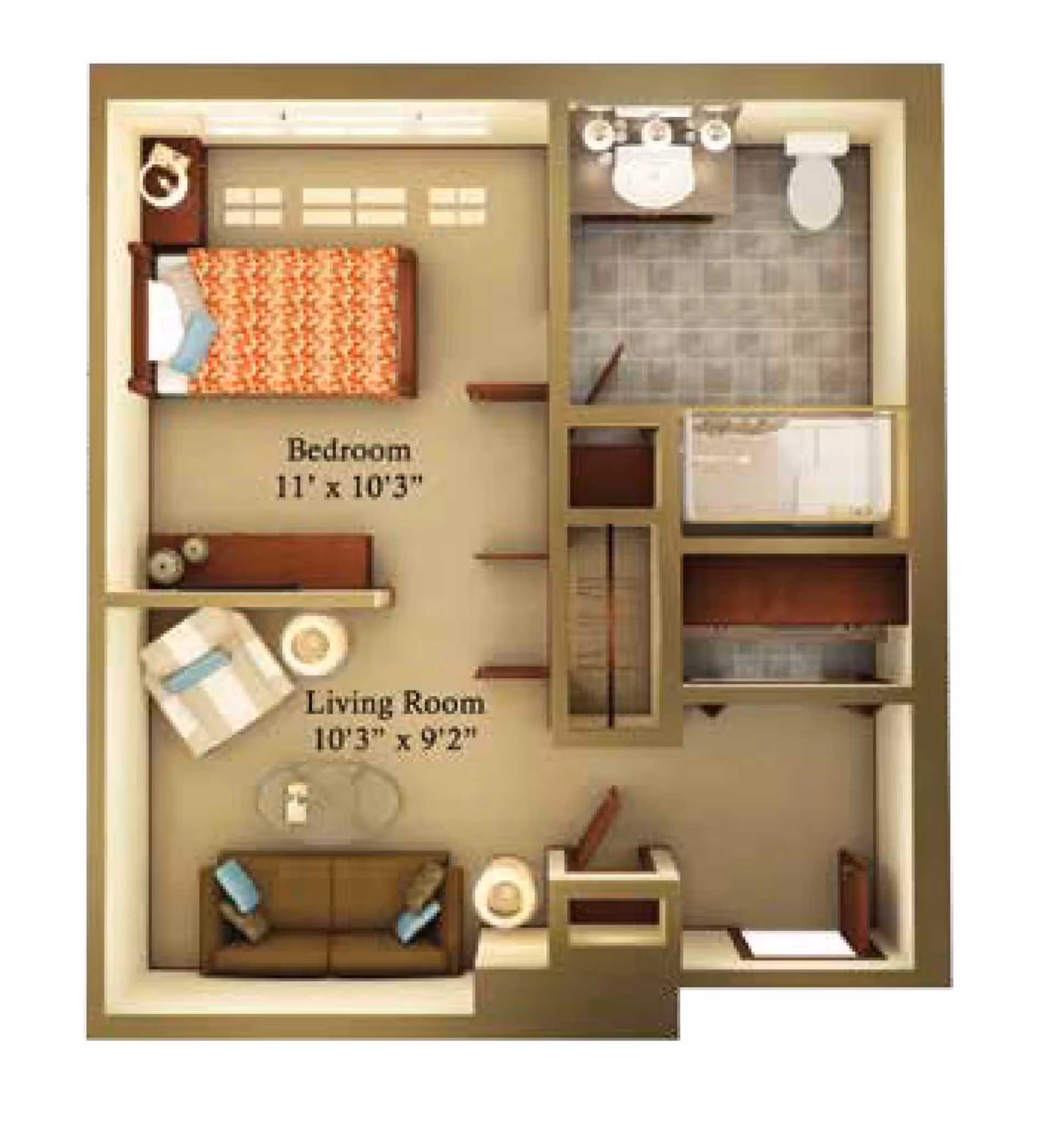 Floor plan of a senior living unit at The Heritage Tomball Senior Living showing a bedroom with a bed and nightstand, a living room with a sofa, armchair, and coffee table, and a bathroom with a sink, toilet, and shower.