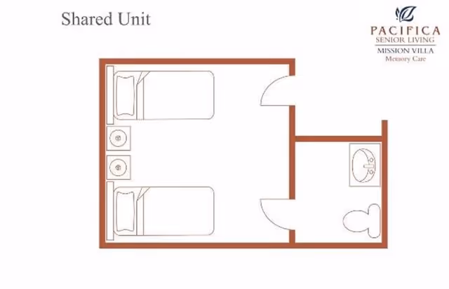 Floor plan of a shared unit at Mission Villa Senior Living showing two beds side by side with two nightstands between them, and an adjacent bathroom with a sink and toilet.