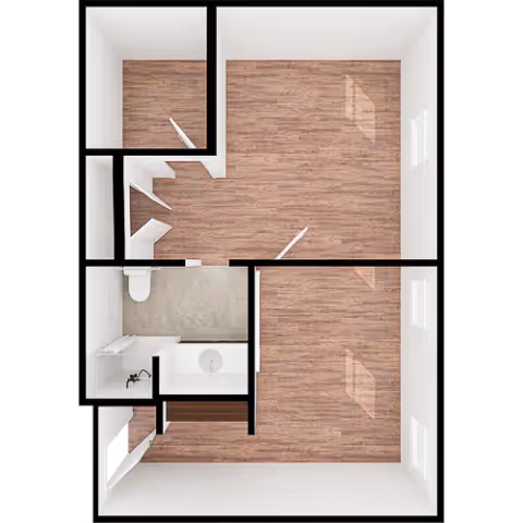 Top-down rendered floor plan of a small apartment showing two wood-floored rooms, interior walls, and a tiled bathroom with a sink and toilet.