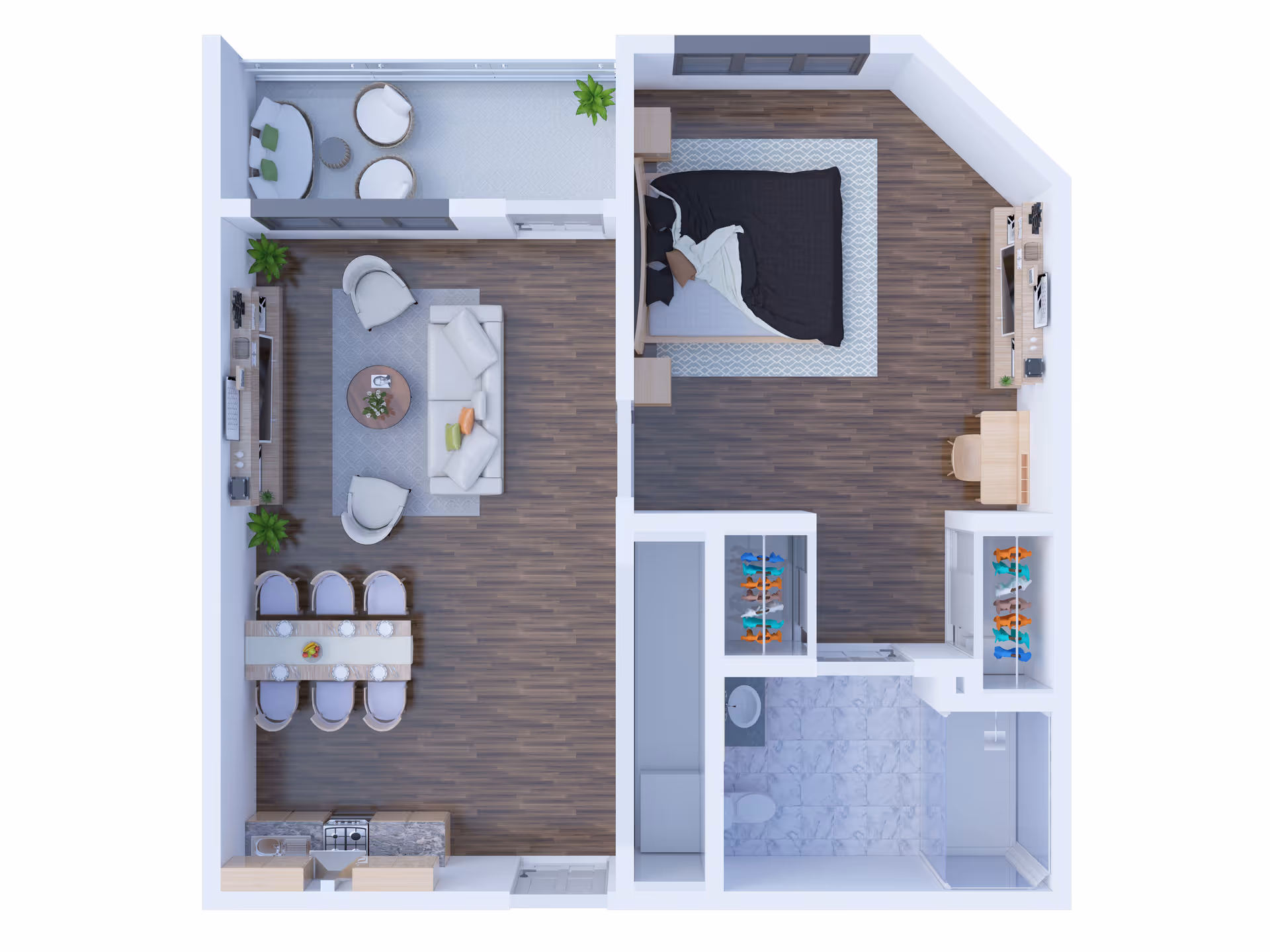 Top-down 3D floor plan rendering of a one-bedroom apartment showing a living room, dining area, kitchen, bedroom, bathroom and balcony.