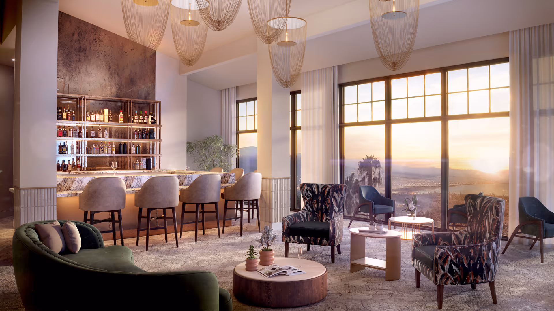 Bright, elegant interior lounge with a marble bar, bar stools, armchairs, low tables, and large windows showing a sunset view.