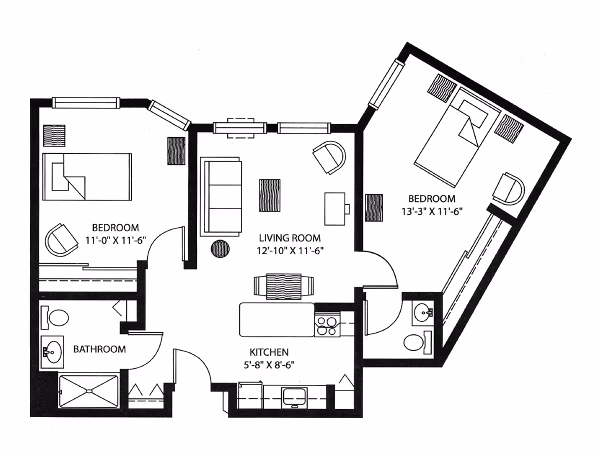 Architectural floor plan of a senior living unit at Charter Senior Living of Mequon, showing two bedrooms, a living room, a kitchen, and a bathroom with dimensions labeled for each room.