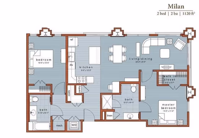 Floor plan of a Milan apartment with 2 bedrooms and 2 bathrooms, totaling 1120 square feet. The layout includes a kitchen with pantry, a living/dining area, a master bedroom with walk-in closet, a second bedroom, two bathrooms, a linen closet, a mechanical room, and a washer/dryer area.
