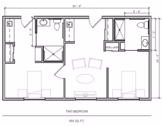Black-and-white architectural floor plan of a two-bedroom, two-bathroom 650 sq. ft. apartment showing room layouts, fixtures, basic furniture, and dimensions.