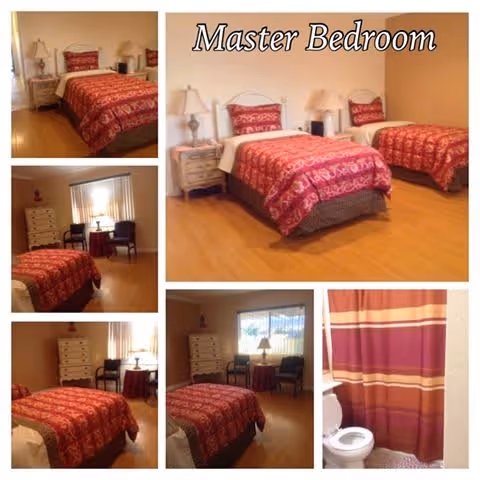 Collage of images showing a master bedroom with two twin beds covered in red patterned bedspreads, wooden floor, bedside tables with lamps, a window with vertical blinds, two chairs with a small table between them, a white dresser, and a bathroom with a toilet and a shower curtain with red and beige stripes.