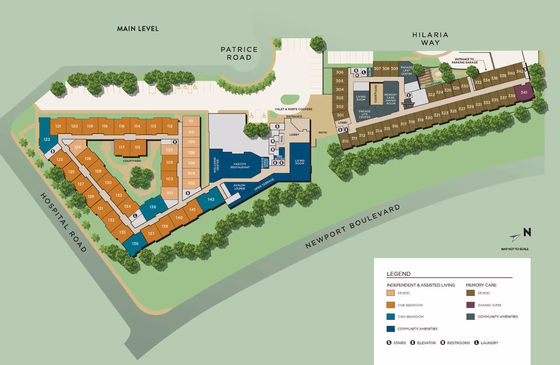 Floor plan of Atria Newport Beach senior living facility showing layout of independent and assisted living units, memory care units, community amenities, parking areas, and surrounding roads including Hospital Road, Patrice Road, Hilaria Way, and Newport Boulevard. The map includes a legend indicating studio, one-bedroom, two-bedroom units, community amenities, memory care studios, shared suites, and community amenities. Key locations such as Vascot Restaurant, Avalon Lounge, lobby, living rooms, and memory care dining room are marked.