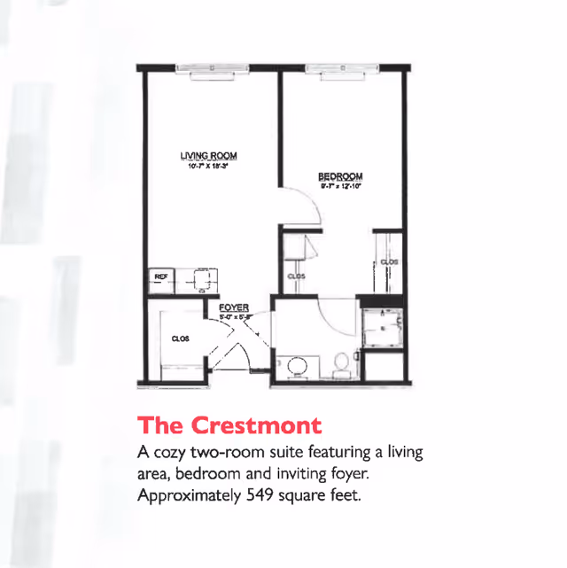 Floor plan of The Crestmont, a two-room suite with a living room, bedroom, foyer, bathroom, and closets, approximately 549 square feet.