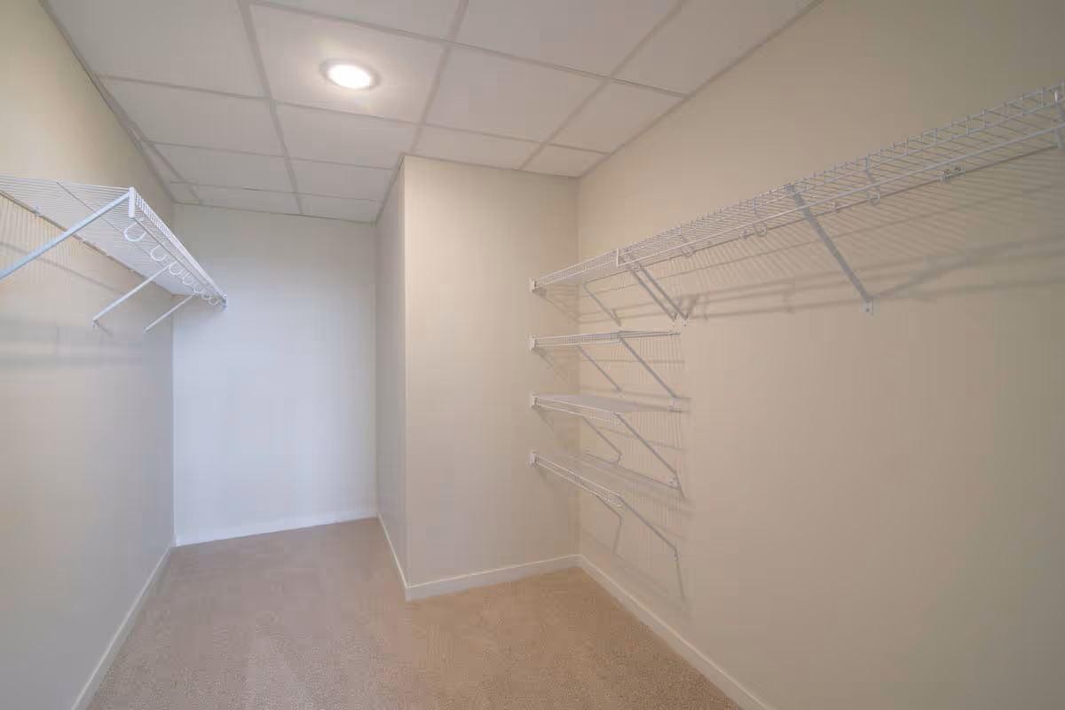 Empty walk-in closet with beige carpet and white wire shelving under a recessed ceiling light.