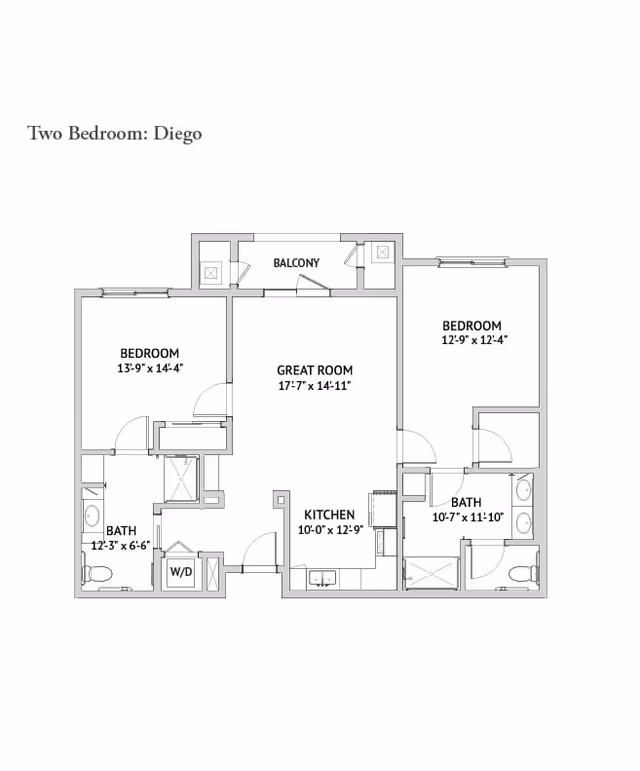 Black-and-white floor plan titled "Two Bedroom: Diego" showing two bedrooms, two bathrooms, a great room, kitchen, balcony and a W/D closet.