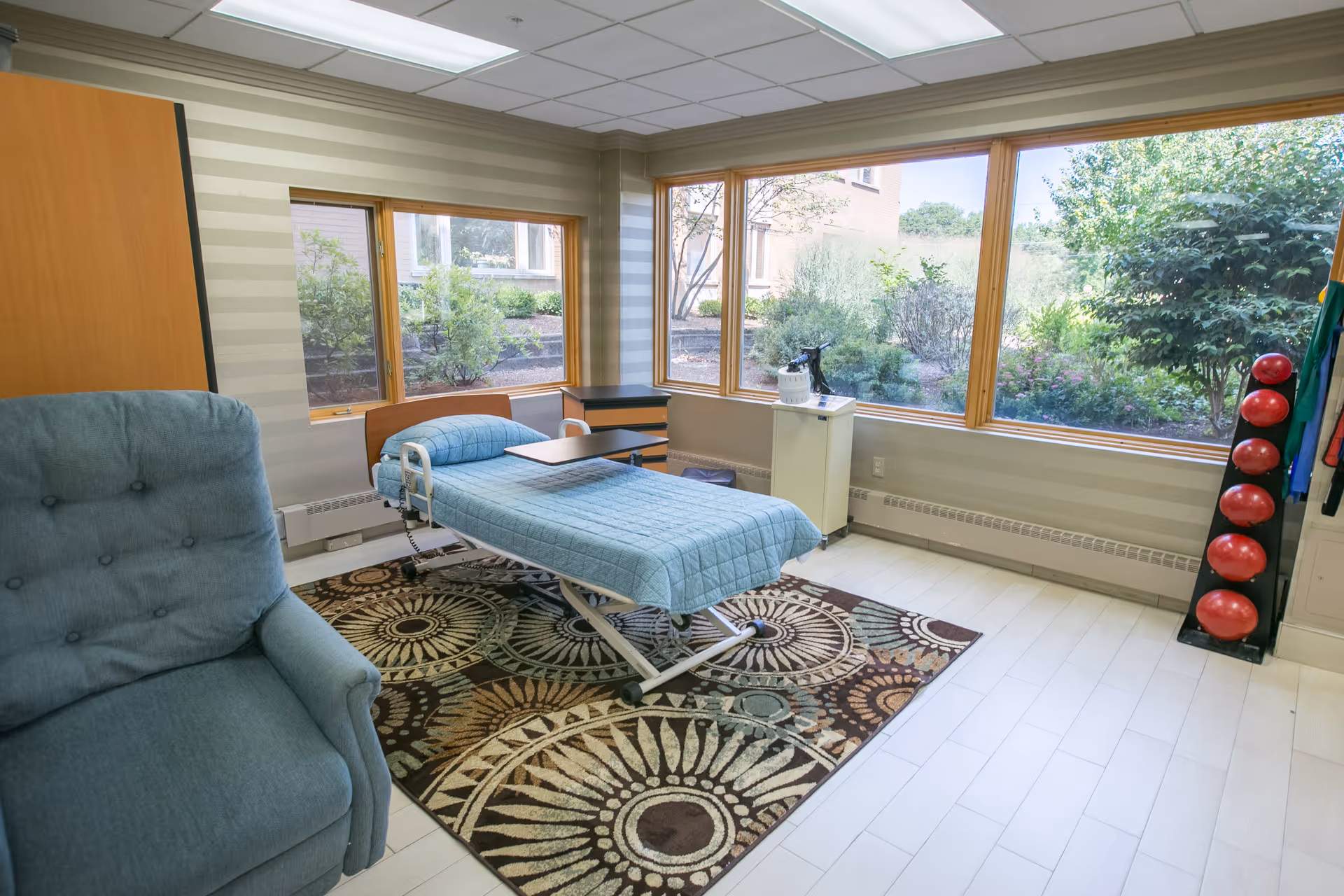 A bright room with large windows showing greenery outside. Inside, there is a blue reclining chair, a hospital-style bed with a blue quilt, a small white cabinet with a medical device on top, and a rack holding red exercise balls. The floor has a patterned rug under the bed.
