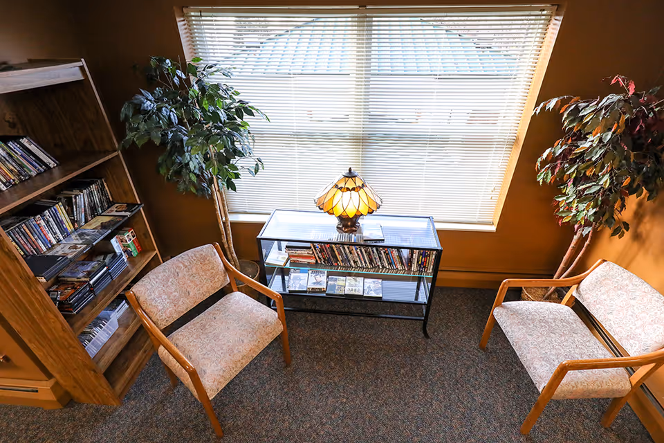 Two upholstered chairs face a glass console table with a stained-glass lamp and DVDs beneath a large window flanked by potted plants.