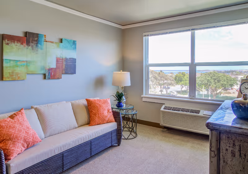 A bright living room with a sofa topped by coral throw pillows, abstract wall art, a side table and lamp, and a large window overlooking trees and water with an air-conditioning unit below.