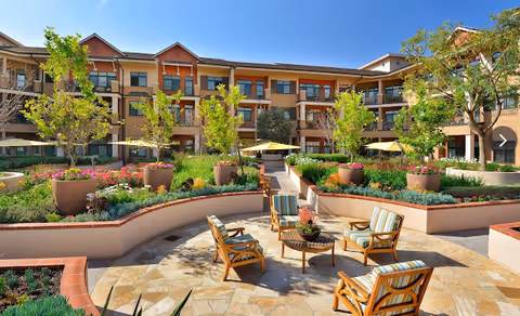 Sunny landscaped courtyard with striped cushioned patio chairs, large planters, umbrellas, and a three-story building in the background.