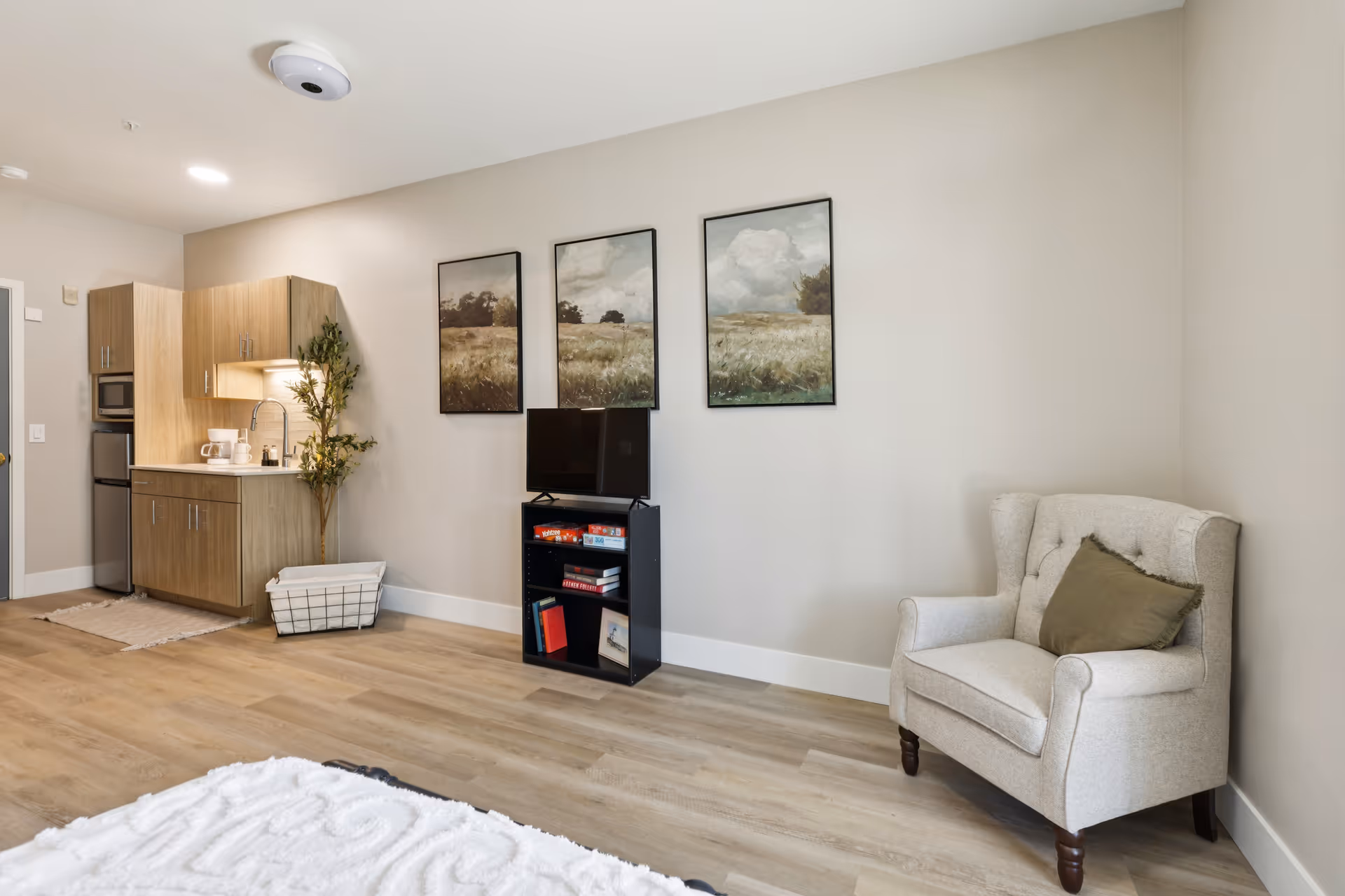 A cozy living space featuring a small kitchenette with wooden cabinets, a sink, and a coffee maker. Next to the kitchenette is a tall plant and a white basket. On the wall above a small black shelf holding board games and books is a flat-screen TV. Three landscape paintings hang above the TV. To the right, there is a comfortable beige armchair with a green cushion. The room has light wood flooring and neutral-colored walls.