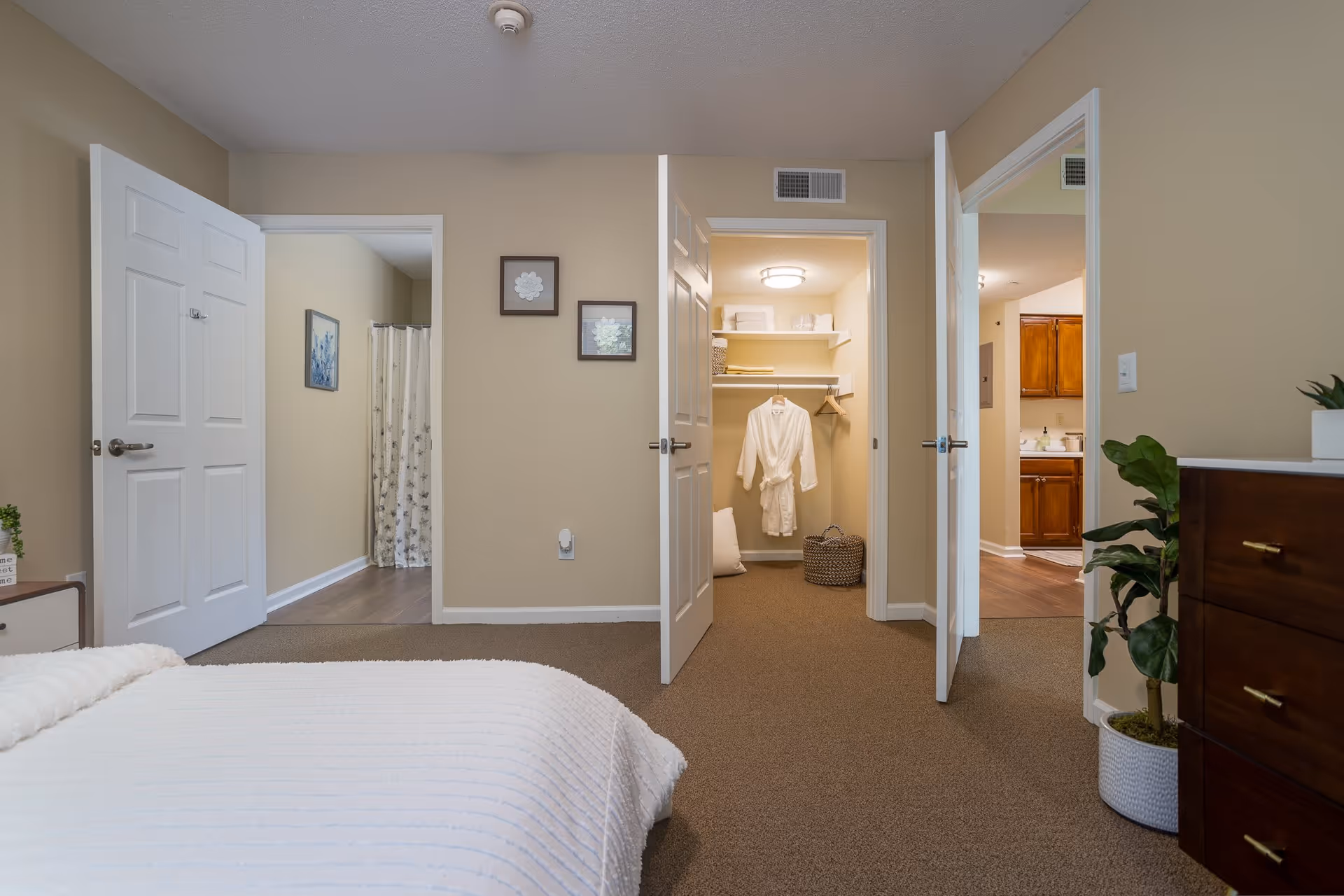 View of a bedroom in an assisted living facility with a white bedspread in the foreground. The room has beige walls and carpeted floor. Three open doors reveal a bathroom with a shower curtain, a walk-in closet with shelves and a hanging white robe, and a kitchen area with wooden cabinets. A potted plant and a dark wooden dresser are visible on the right side.
