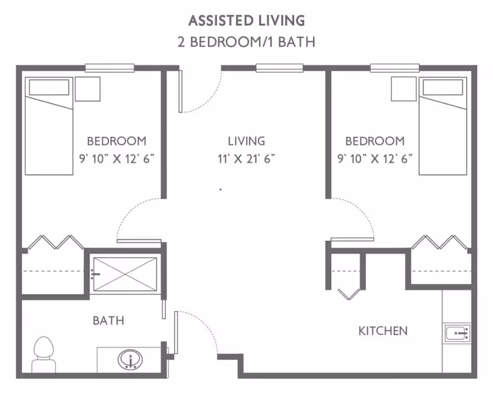 Floor plan of an assisted living unit with 2 bedrooms and 1 bathroom. The layout includes two bedrooms each measuring 9 feet 10 inches by 12 feet 6 inches, a living room measuring 11 feet by 21 feet 6 inches, a kitchen, and a bathroom with a toilet and sink.