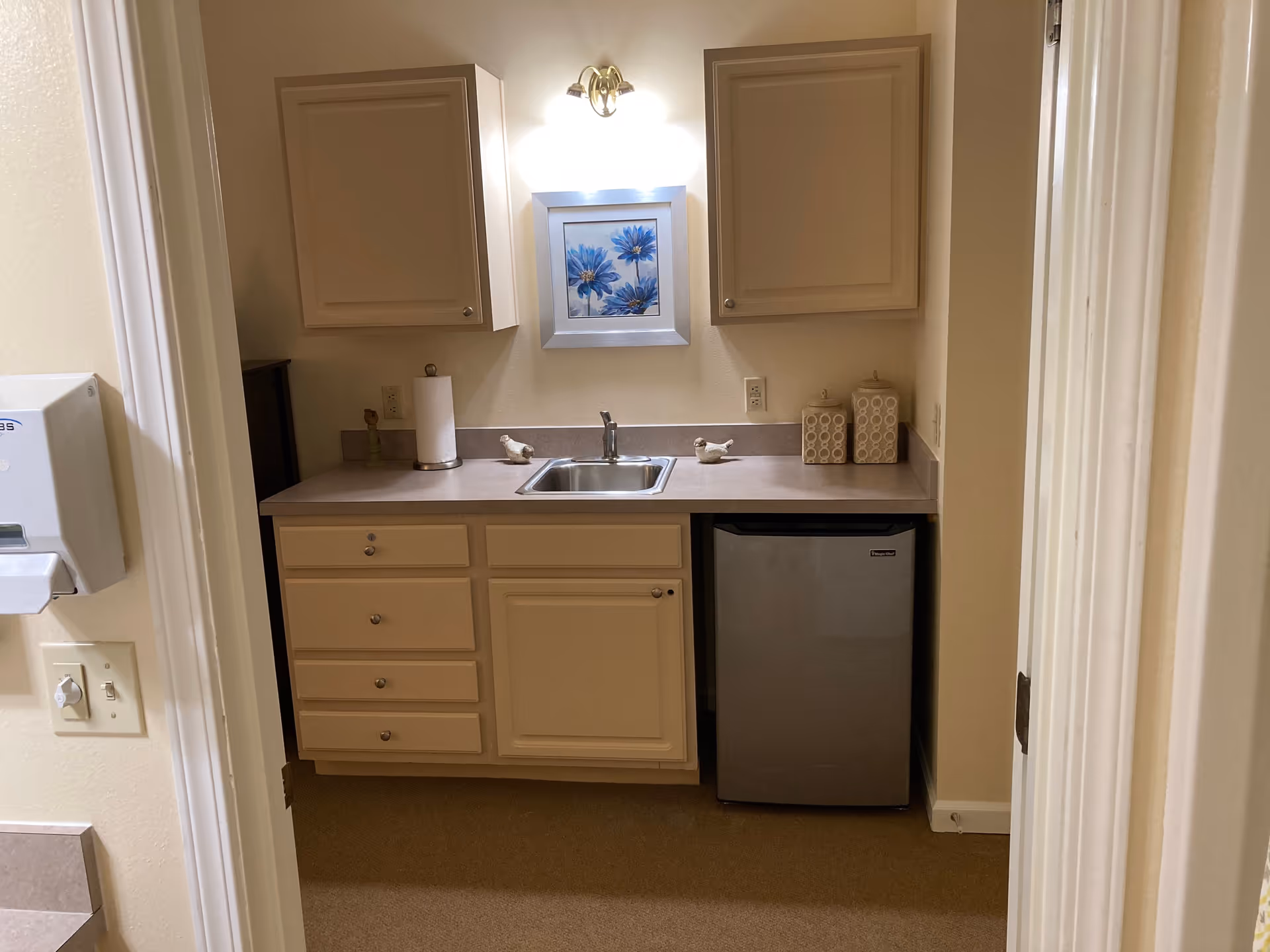 Small kitchenette area with beige cabinets, a stainless steel sink, a mini refrigerator, and a countertop with decorative items including two small bird figurines and two patterned containers. Above the sink is a framed picture of blue flowers and a wall-mounted light fixture.