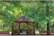 Wooden gazebo with benches surrounded by large leafy trees in a park-like setting.