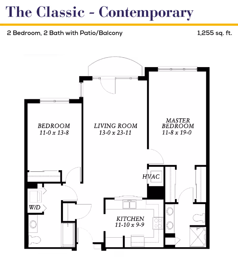Floor plan titled 'The Classic - Contemporary' showing a layout with a living room, master bedroom, bedroom, kitchen, two bathrooms, and a washer/dryer area. Dimensions for each room are provided.