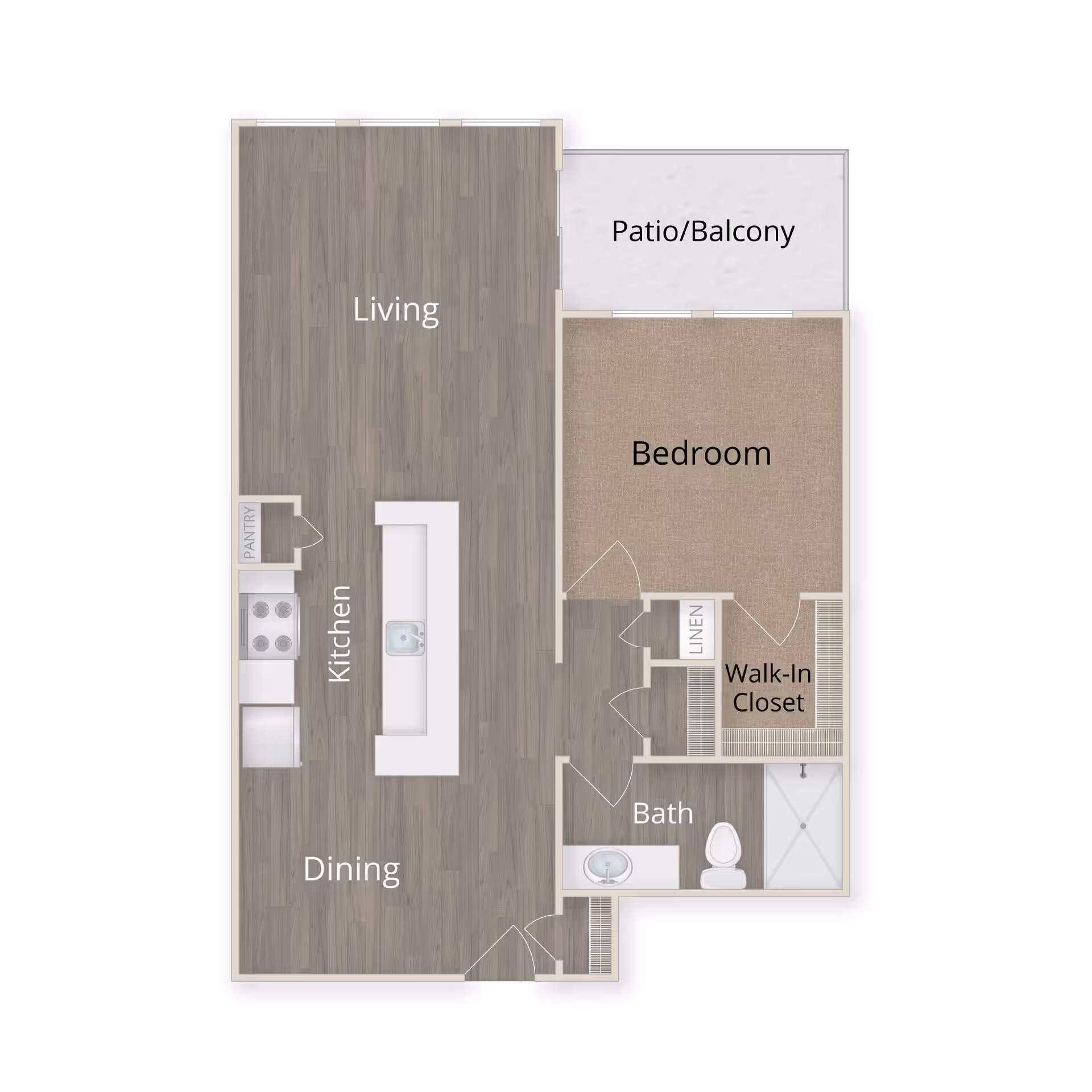 Floor plan of a senior living unit at Valley View Senior Living showing a combined living and dining area with kitchen, one bedroom with a walk-in closet, a bathroom, a linen closet, and a patio/balcony.