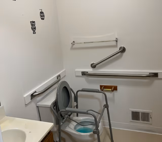 Accessible bathroom with a raised toilet and gray safety frame, stainless grab bars, and white walls.