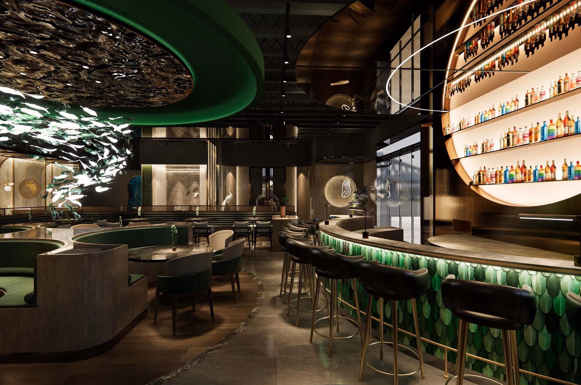 Interior view of a modern bar and lounge area with a curved bar counter featuring green scale-like tiles and black bar stools. There are round tables with green cushioned chairs and booth seating. The ceiling has artistic lighting with a green circular design and decorative elements resembling fish. Shelves behind the bar display various bottles of liquor, illuminated by warm lighting.