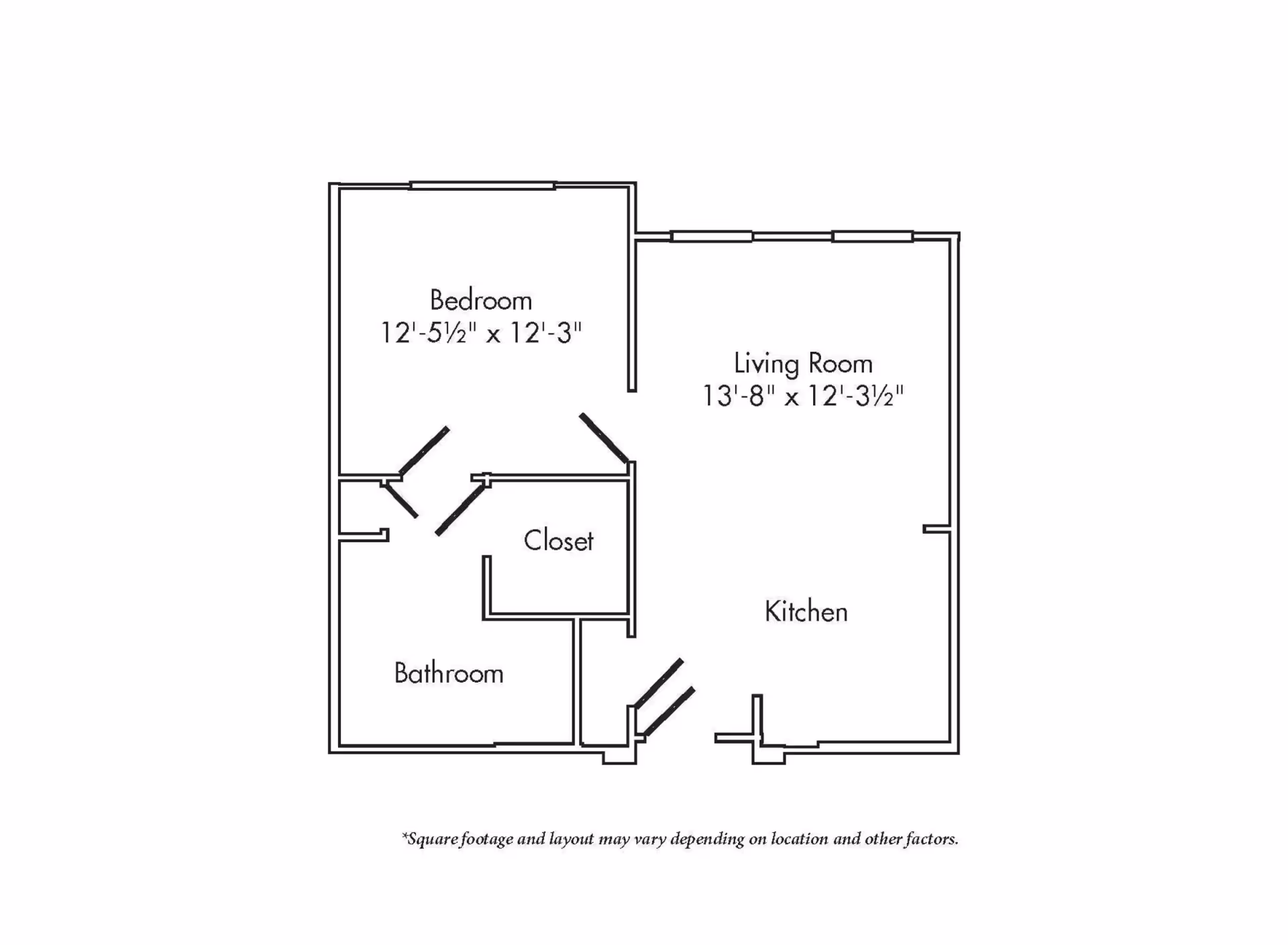 Black-and-white one-bedroom floor plan showing a bedroom, living room, kitchen, bathroom, and closet with room labels and dimensions.