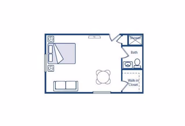 Floor plan of a small living space featuring a bedroom area with a bed and two nightstands, a sitting area with a sofa and a round table with chairs, a bathroom with a shower, toilet, and sink, and a walk-in closet.