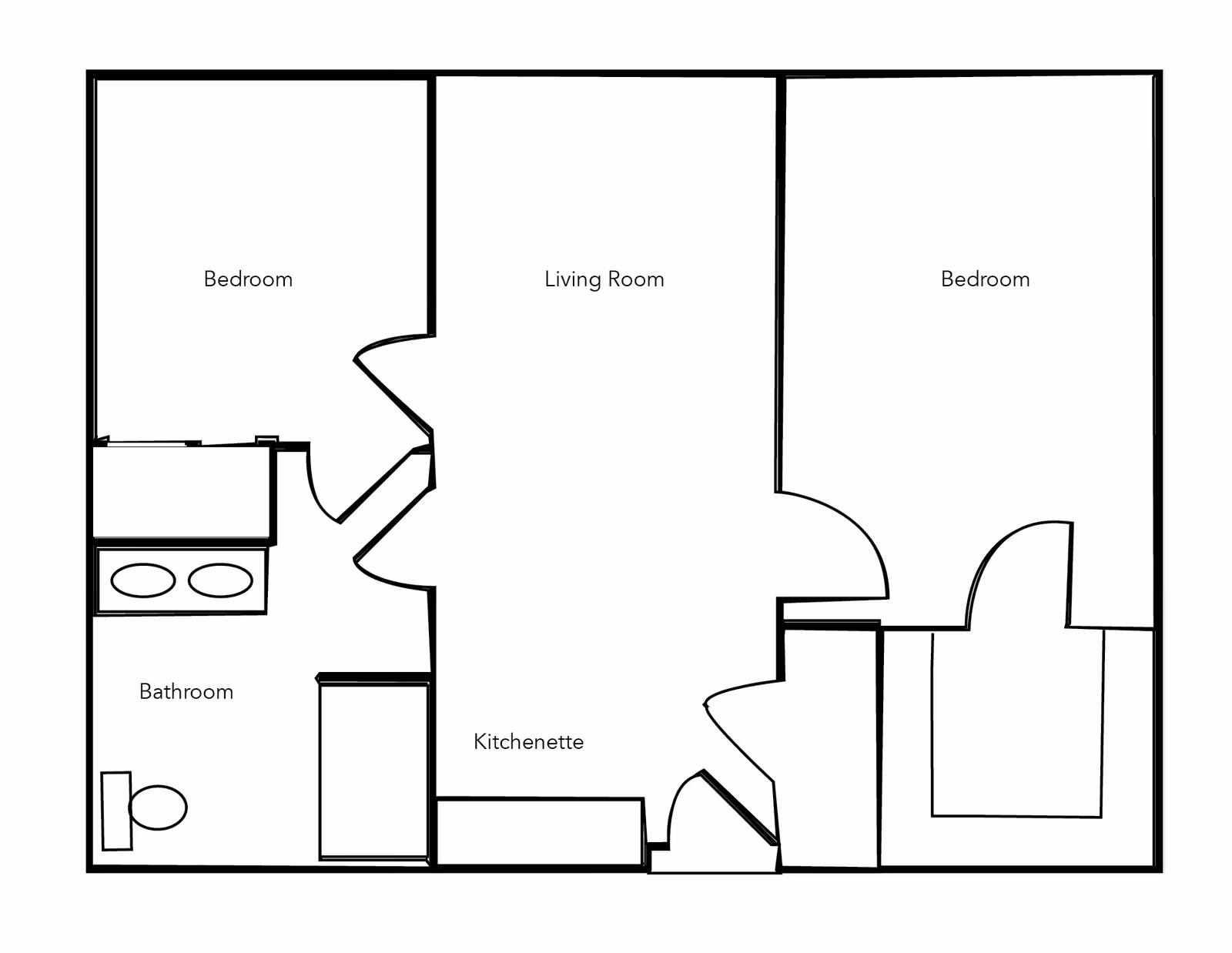 Floor plan layout showing two bedrooms, a living room, a kitchenette, and a bathroom with a double sink and toilet.