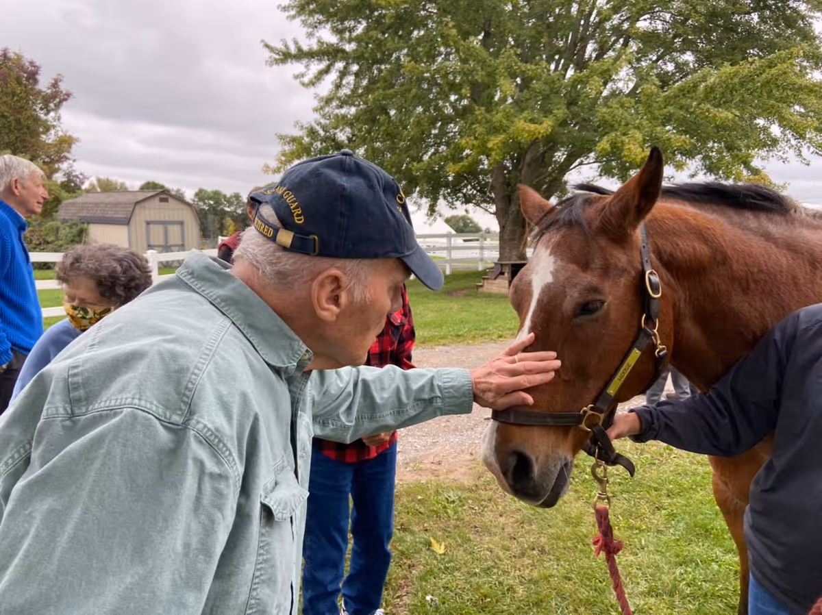 An elderly man wearing a cap gently pets a brown horse on its face outdoors. Other people are visible in the background near a white fence and a small shed, with trees and grass around them under a cloudy sky.
