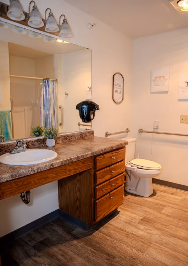 A clean and accessible bathroom with a large mirror above a wooden vanity with a sink. There is a toilet with grab bars on the walls for support, a shower with a colorful curtain, and a small potted plant on the countertop. The walls have light decorations and a sign that reads 'WASH your worries AWAY'.