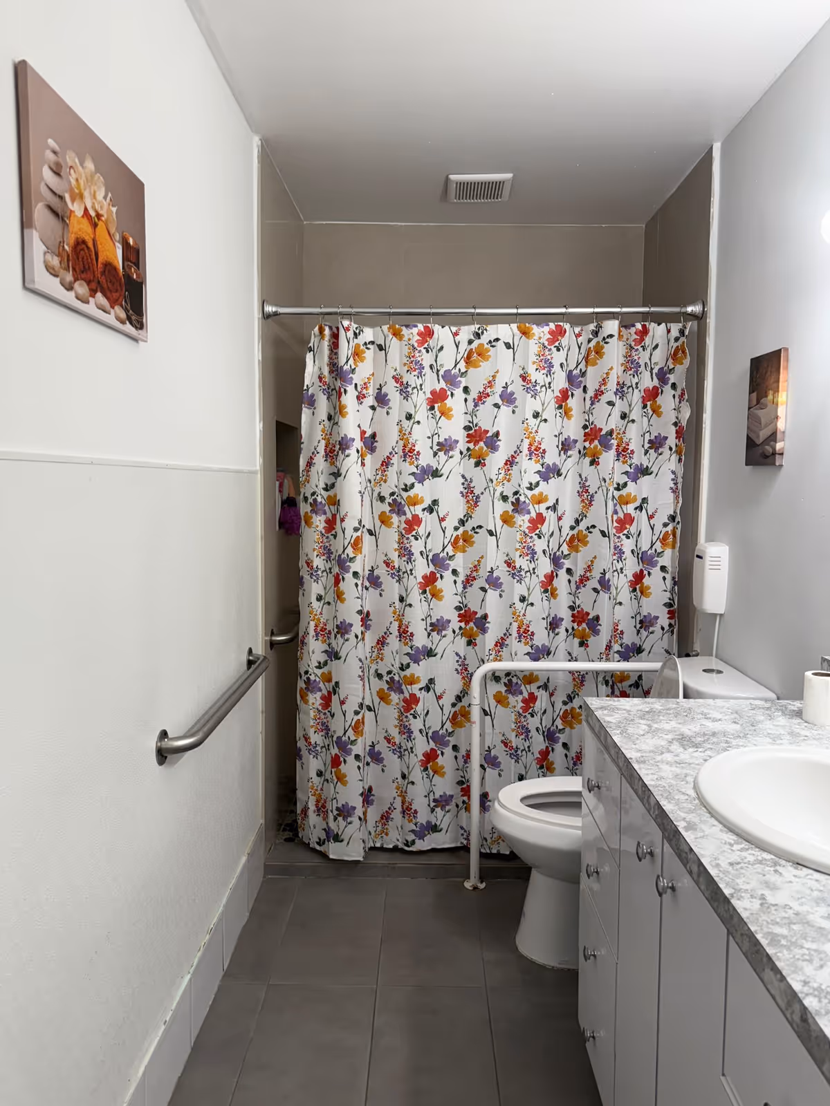 A bathroom with a floral shower curtain, a white toilet with a safety grab bar, a countertop with a sink, and a wall-mounted soap dispenser. There is a handrail on the left wall and two framed pictures hanging on the walls.
