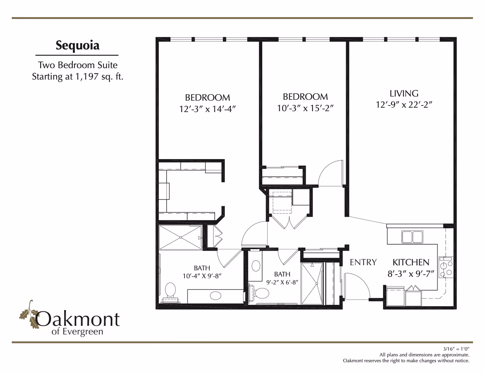 Floor plan of the Sequoia two bedroom suite at Oakmont of Evergreen, showing two bedrooms, two bathrooms, a living room, kitchen, and entry area with dimensions for each room.
