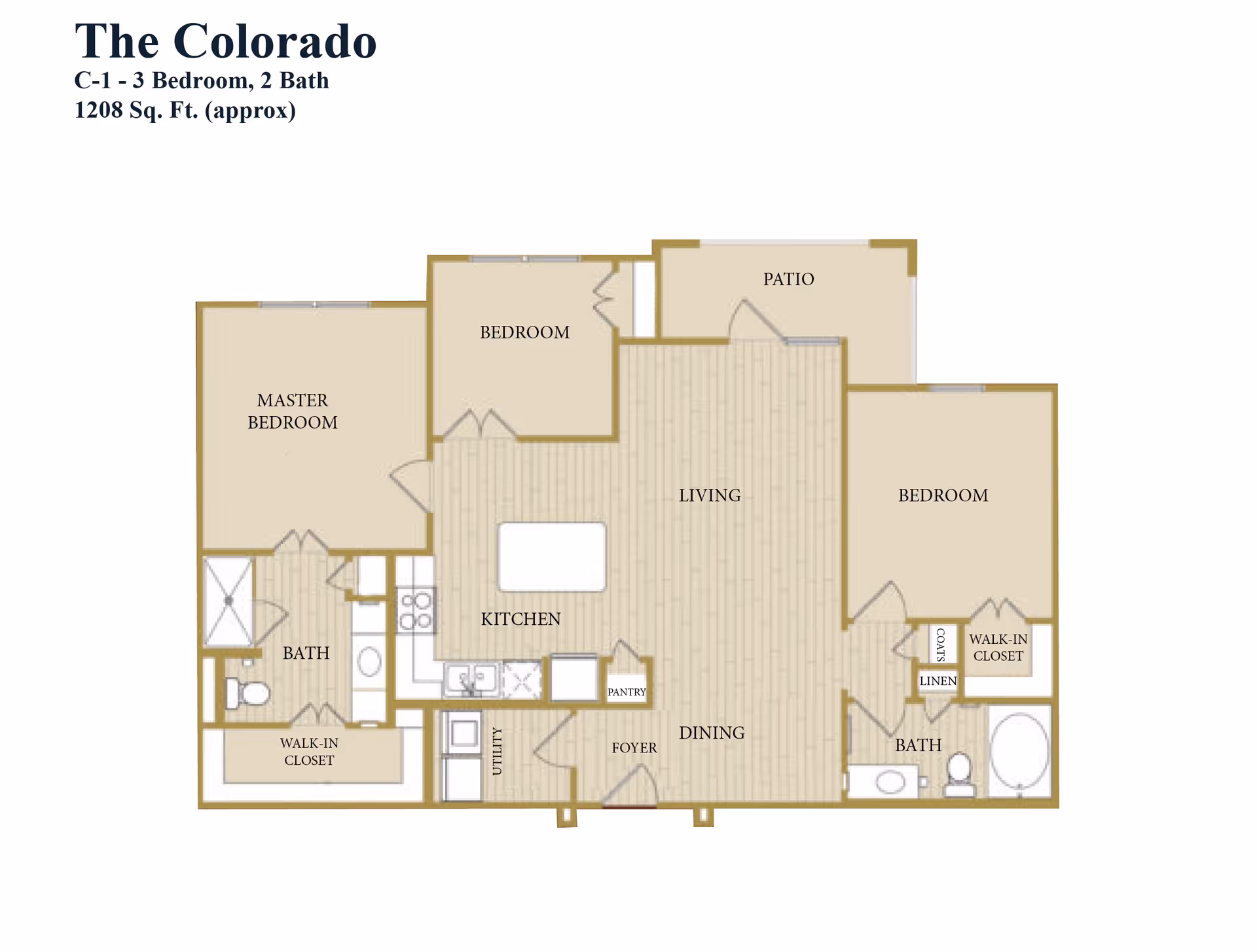 Floor plan of The Colorado, a 3 bedroom, 2 bath apartment with approximately 1208 square feet. The layout includes a master bedroom with walk-in closet and bath, two additional bedrooms (one with walk-in closet), a kitchen with pantry, utility area, living and dining areas, foyer, two bathrooms, and a patio.