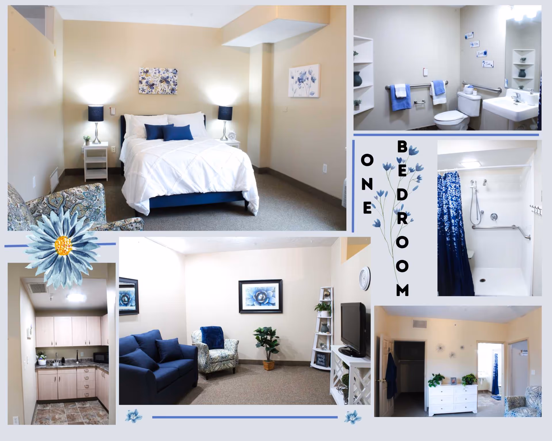 Collage of images showing a one-bedroom senior living apartment at Southgate Senior Living. The images include a bedroom with a bed, nightstands, and lamps; a bathroom with a toilet, sink, and shower with a blue floral curtain; a living room with a blue couch, armchair, TV, and decorative plants; a small kitchen area with cabinets, a sink, and a microwave; and an entryway with a dresser and coat hooks. The collage is decorated with blue floral graphics and the text 'ONE BEDROOM'.