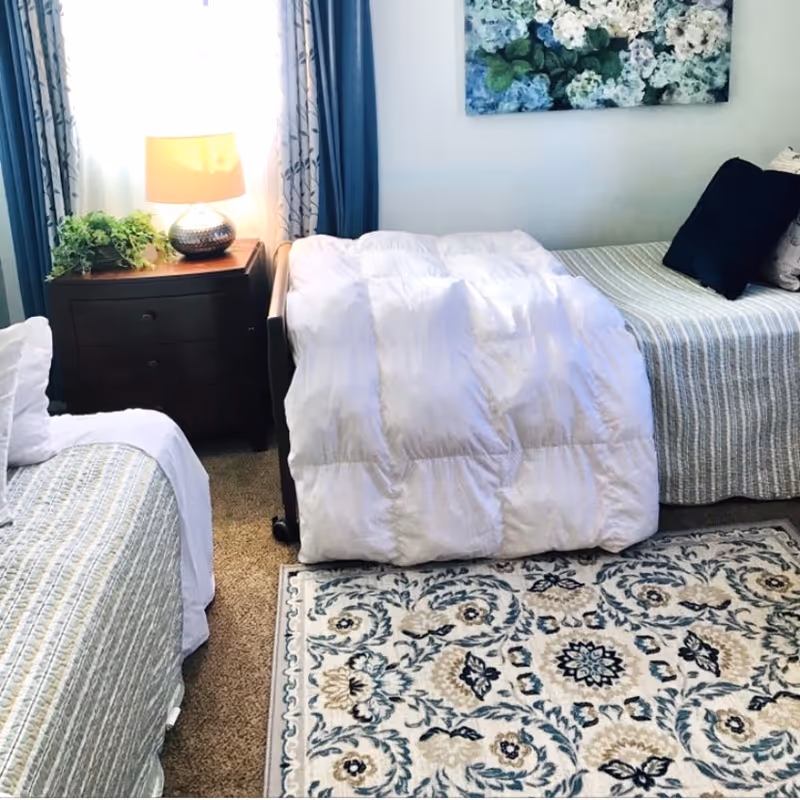 A cozy bedroom with two twin beds, each with striped bedding and pillows. Between the beds is a dark wooden nightstand with a decorative lamp and a green plant. A floral painting hangs on the wall above one of the beds, and a patterned area rug covers part of the carpeted floor.