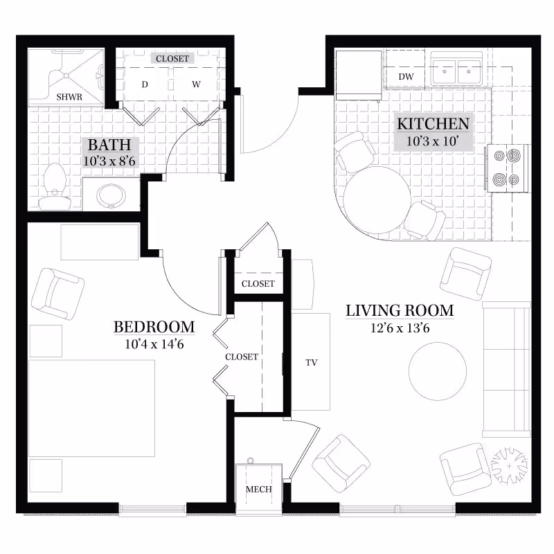 Architectural floor plan of a one-bedroom apartment at Maple Ridge Retirement Community, showing a bedroom, bathroom with shower, kitchen, living room, closets, and mechanical room with dimensions.