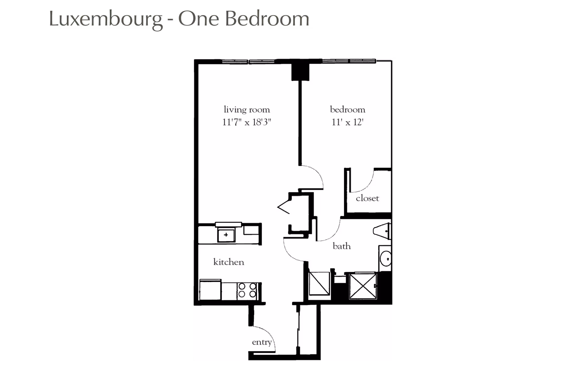 Floor plan labeled Luxembourg - One Bedroom, showing a living room measuring 11'7" x 18'3", a bedroom measuring 11' x 12', a kitchen, an entry, a bath, and a closet.