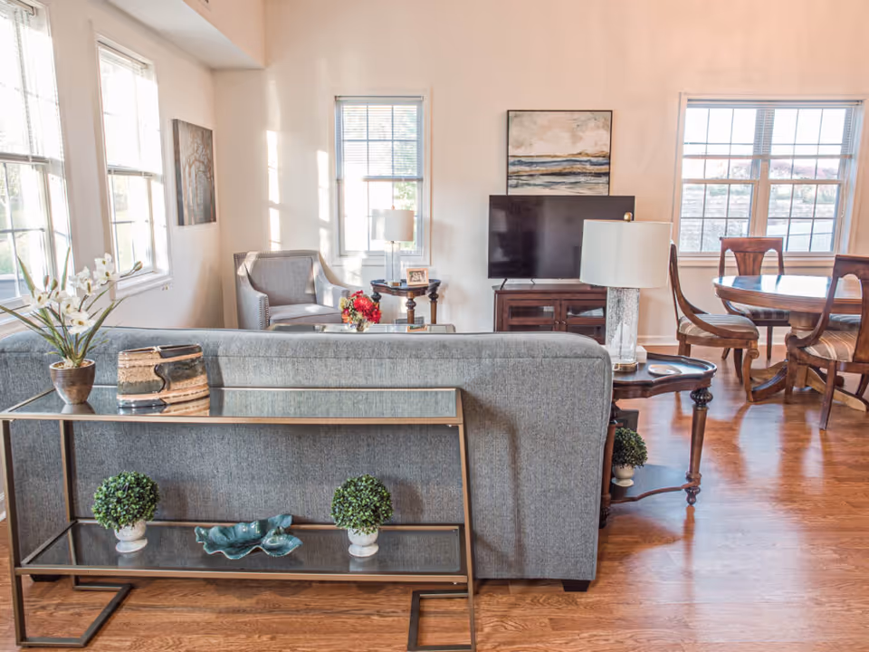 Bright and airy living room with large windows letting in natural light. The room features a gray sofa with a glass console table behind it, decorated with plants and a ceramic piece. There is a gray armchair in the corner, a wooden TV stand with a flat-screen TV, a side table with a lamp, and a round wooden dining table with four chairs near the windows. The walls are light-colored with a painting above the TV.