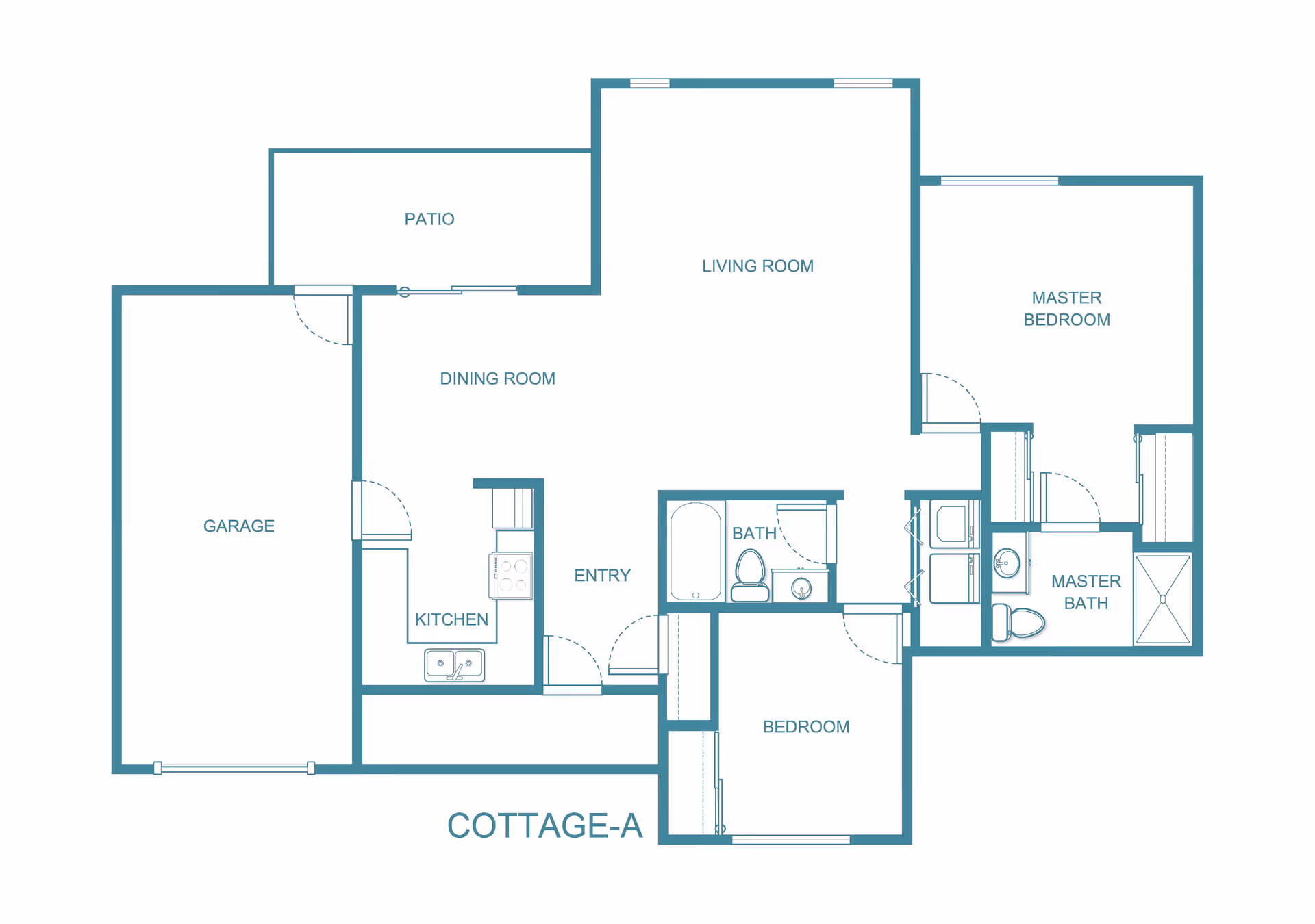 Architectural floor plan of Cottage-A at The Ivy at Hawaii Kai, showing a layout with a garage, kitchen, dining room, patio, living room, master bedroom with master bath, a second bedroom, and a bathroom.