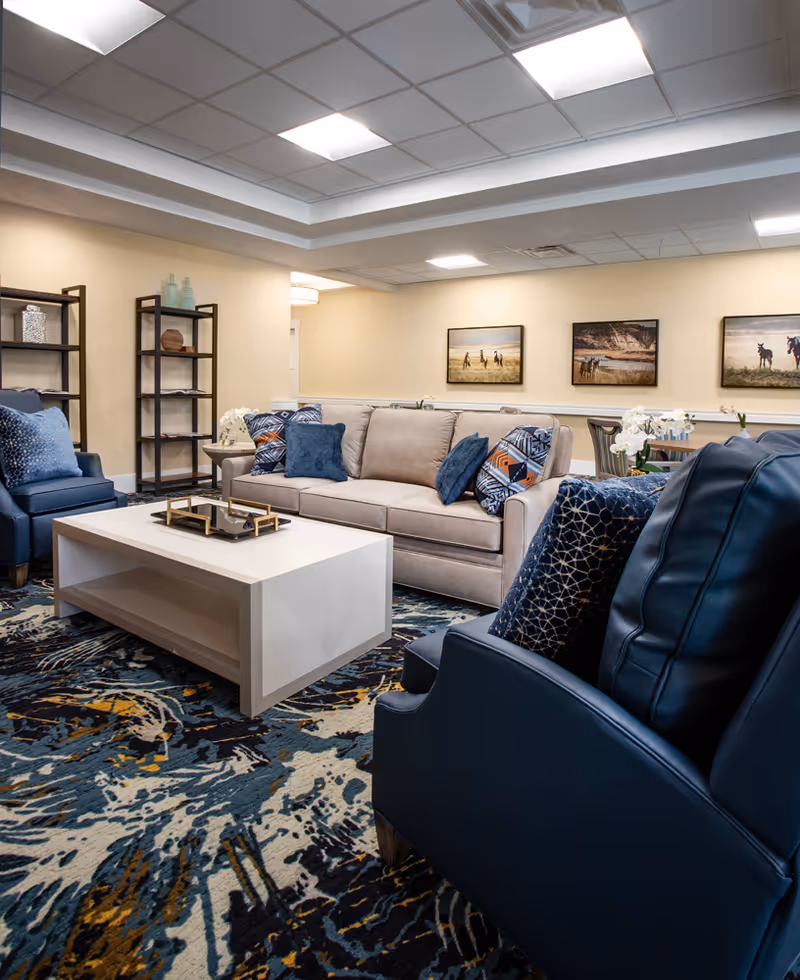 Well-lit common living room with a sofa, blue armchairs, a white coffee table, shelving and framed artwork on the walls.
